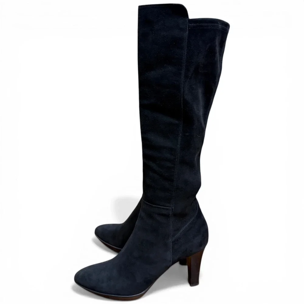 AQUATALIA Womens Black Suede Boots Knee High Almond Toe Weatherproof Dressy Heel